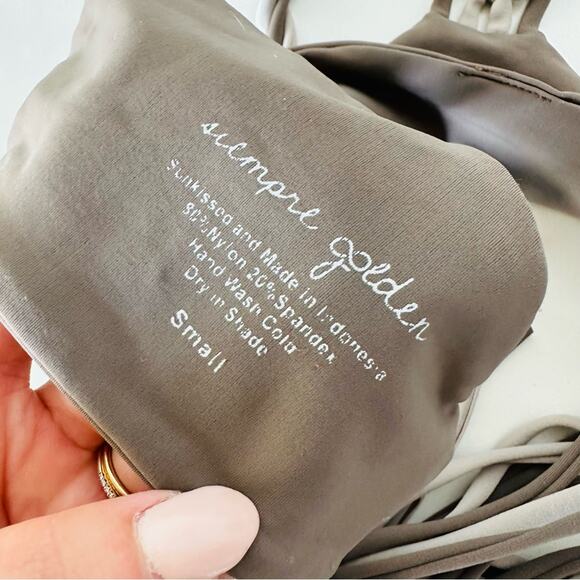 ANTHROPOLOGIE SIEMPRE GOLDEN Tan Beige Cream Halter Tie Multi Strap Bikini Top S - Picture 6 of 7